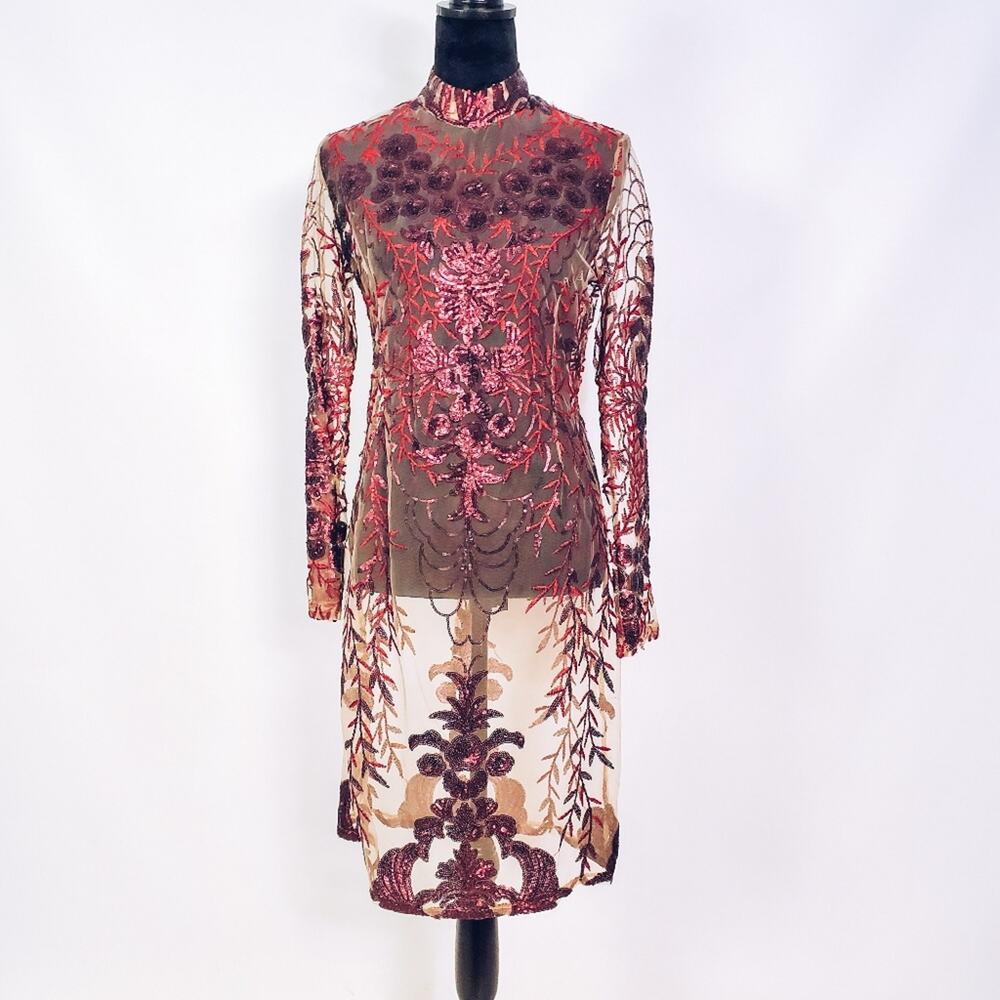 One Monarchy Long Sleeve Embroidered Sequin Sheer Midi Dress Size Small